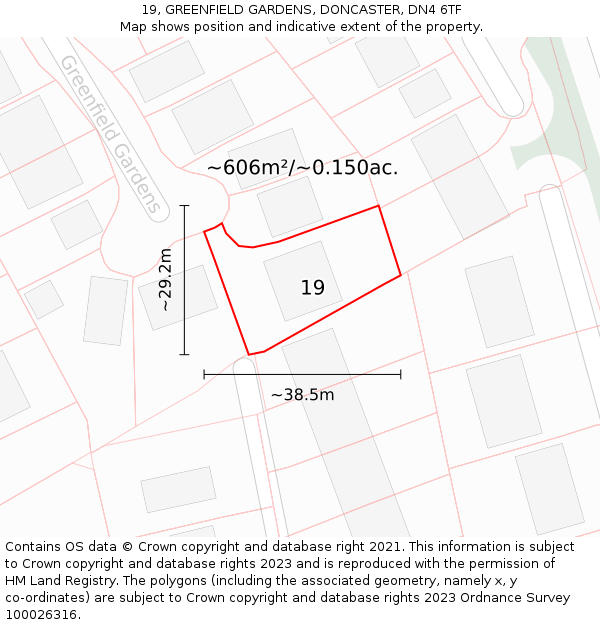 19, GREENFIELD GARDENS, DONCASTER, DN4 6TF: Plot and title map