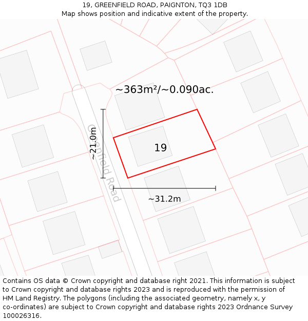 19, GREENFIELD ROAD, PAIGNTON, TQ3 1DB: Plot and title map