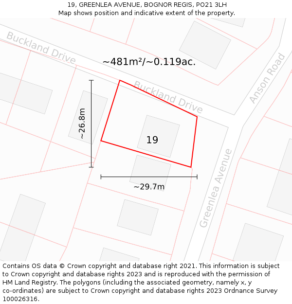 19, GREENLEA AVENUE, BOGNOR REGIS, PO21 3LH: Plot and title map