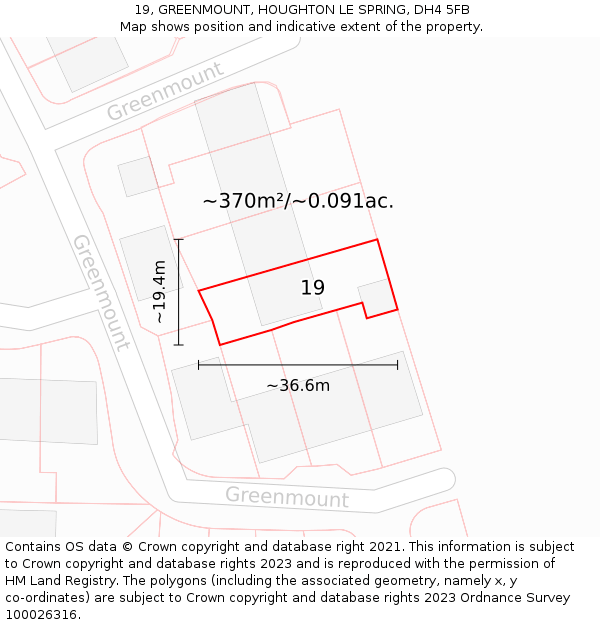 19, GREENMOUNT, HOUGHTON LE SPRING, DH4 5FB: Plot and title map