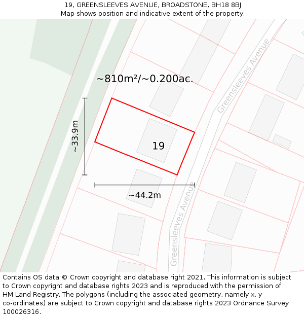 19, GREENSLEEVES AVENUE, BROADSTONE, BH18 8BJ: Plot and title map