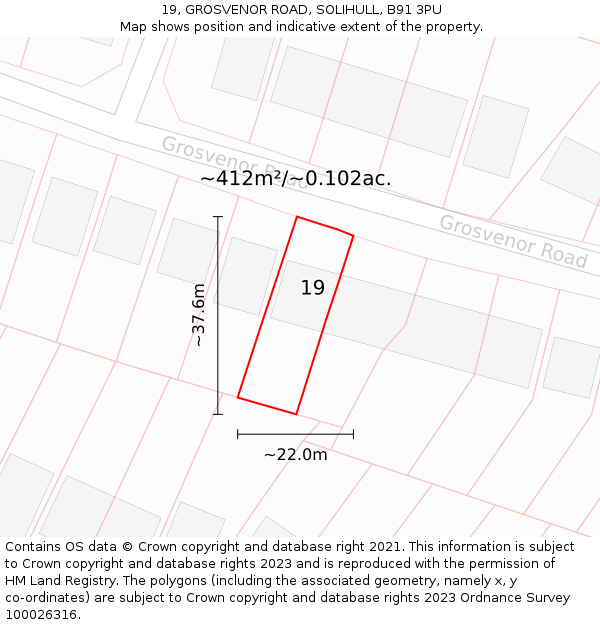 19, GROSVENOR ROAD, SOLIHULL, B91 3PU: Plot and title map