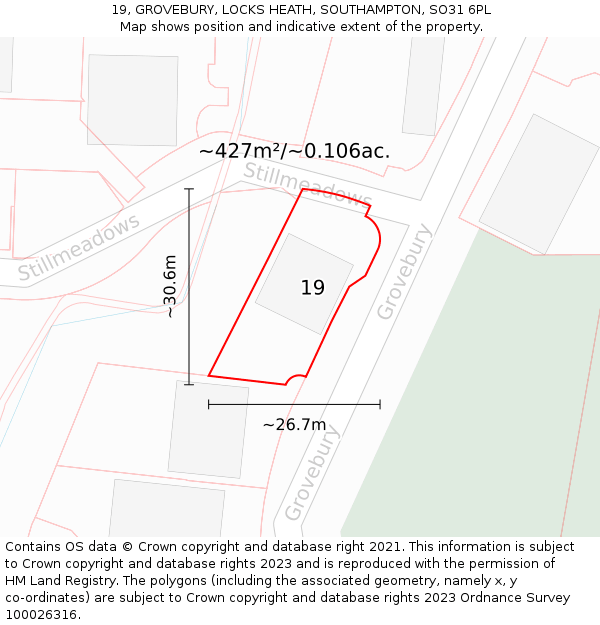 19, GROVEBURY, LOCKS HEATH, SOUTHAMPTON, SO31 6PL: Plot and title map