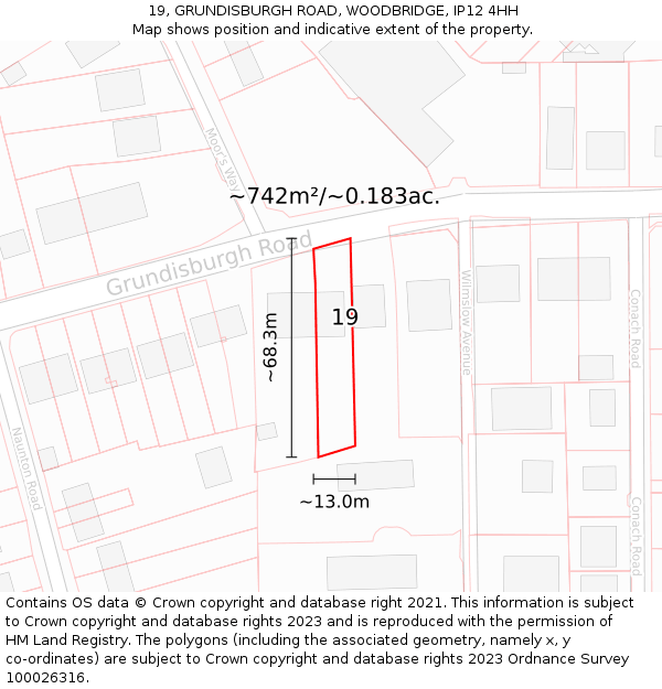 19, GRUNDISBURGH ROAD, WOODBRIDGE, IP12 4HH: Plot and title map