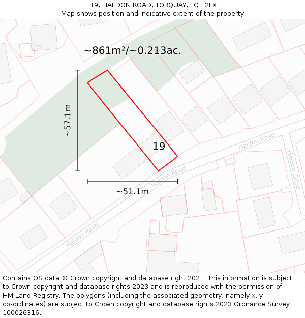 19, HALDON ROAD, TORQUAY, TQ1 2LX: Plot and title map