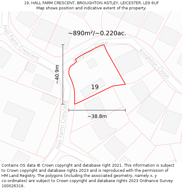 19, HALL FARM CRESCENT, BROUGHTON ASTLEY, LEICESTER, LE9 6UF: Plot and title map