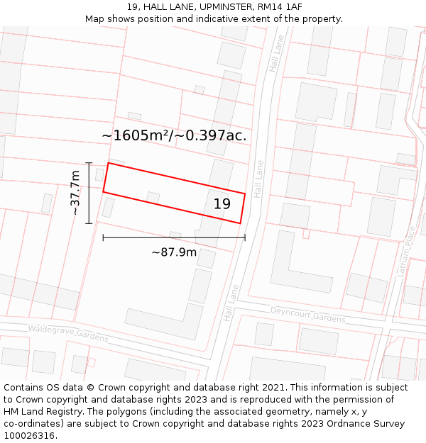 19, HALL LANE, UPMINSTER, RM14 1AF: Plot and title map