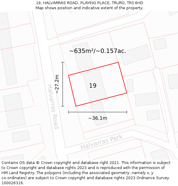 19, HALVARRAS ROAD, PLAYING PLACE, TRURO, TR3 6HD: Plot and title map