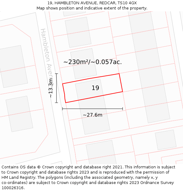 19, HAMBLETON AVENUE, REDCAR, TS10 4GX: Plot and title map