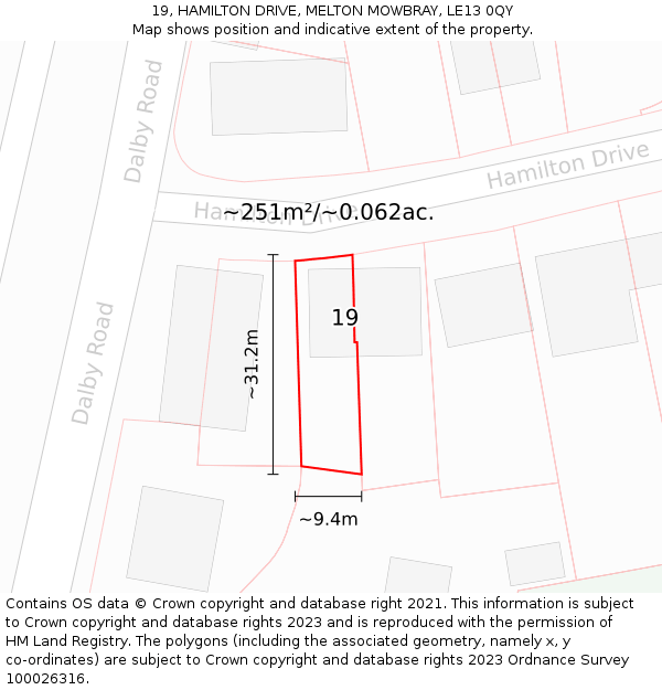 19, HAMILTON DRIVE, MELTON MOWBRAY, LE13 0QY: Plot and title map