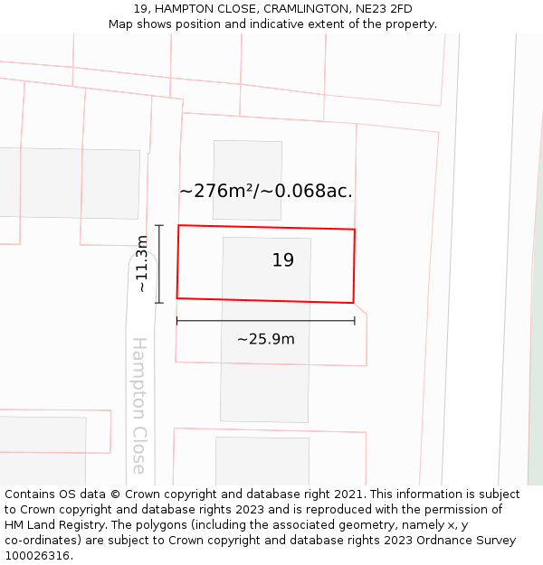 19, HAMPTON CLOSE, CRAMLINGTON, NE23 2FD: Plot and title map