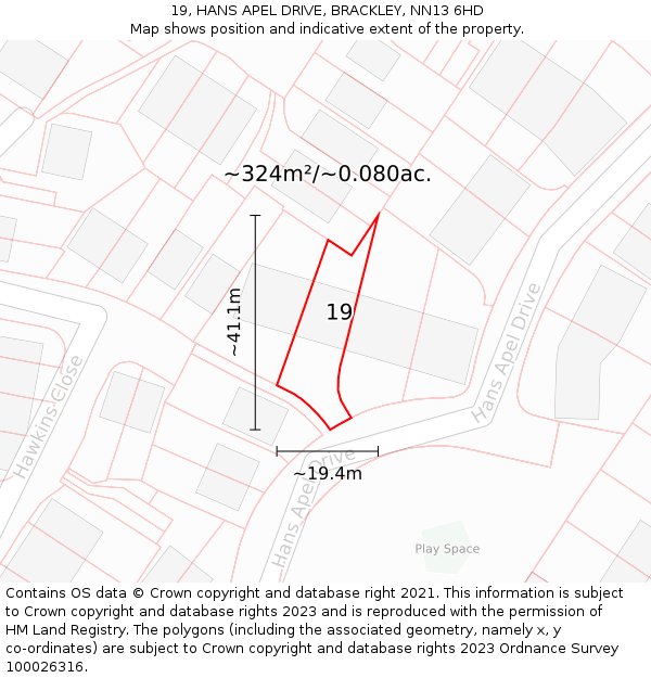 19, HANS APEL DRIVE, BRACKLEY, NN13 6HD: Plot and title map