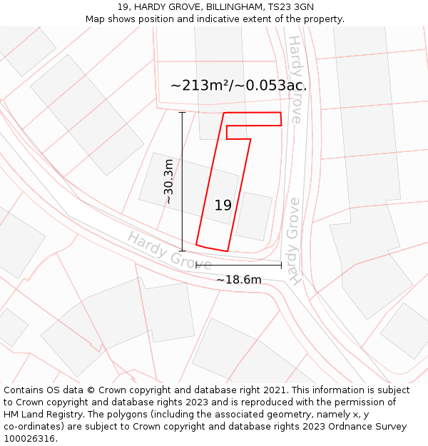 19, HARDY GROVE, BILLINGHAM, TS23 3GN: Plot and title map
