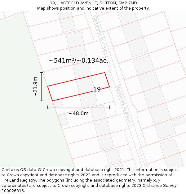 19, HAREFIELD AVENUE, SUTTON, SM2 7ND: Plot and title map