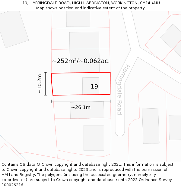 19, HARRINGDALE ROAD, HIGH HARRINGTON, WORKINGTON, CA14 4NU: Plot and title map