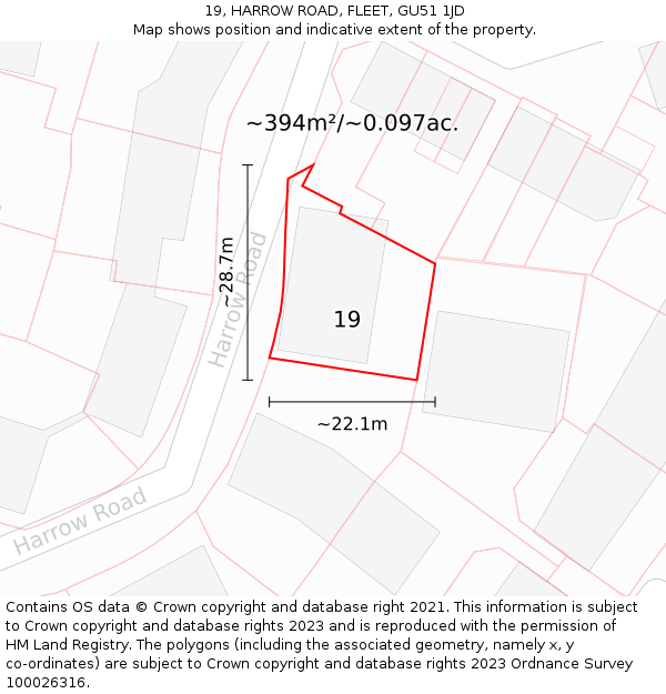 19, HARROW ROAD, FLEET, GU51 1JD: Plot and title map