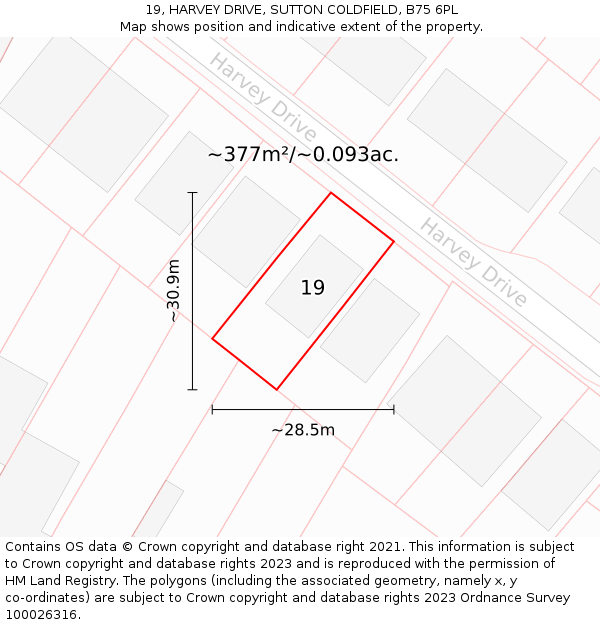 19, HARVEY DRIVE, SUTTON COLDFIELD, B75 6PL: Plot and title map