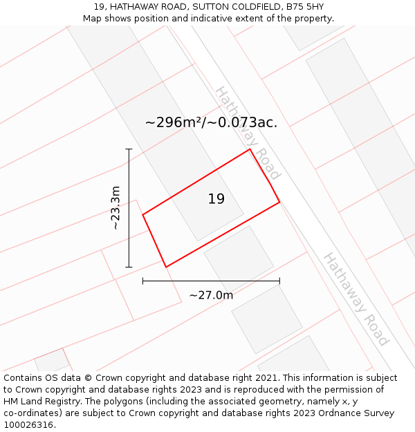 19, HATHAWAY ROAD, SUTTON COLDFIELD, B75 5HY: Plot and title map