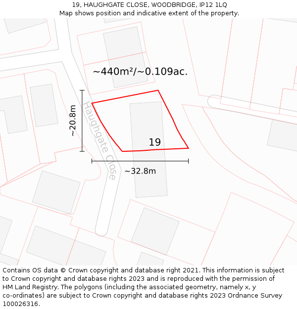 19, HAUGHGATE CLOSE, WOODBRIDGE, IP12 1LQ: Plot and title map