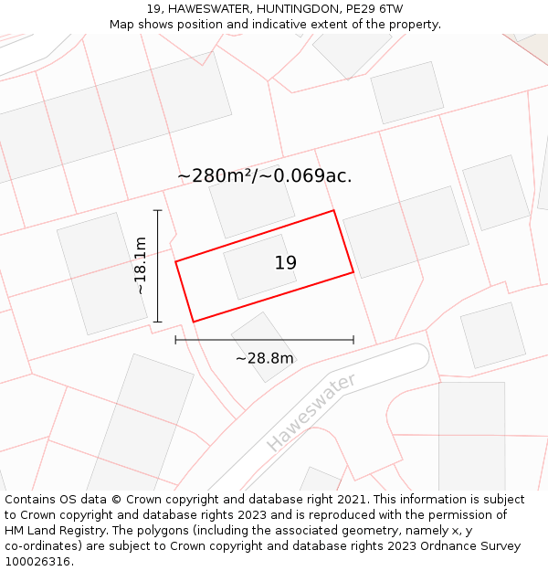 19, HAWESWATER, HUNTINGDON, PE29 6TW: Plot and title map