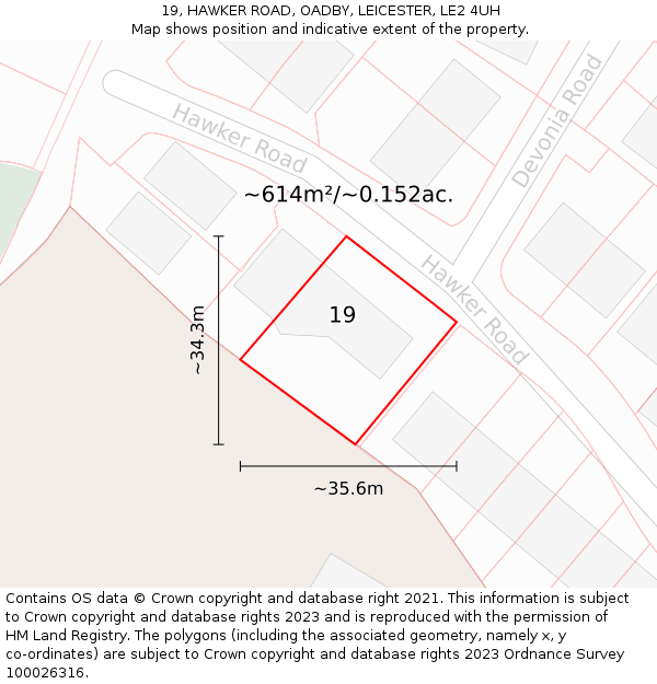 19, HAWKER ROAD, OADBY, LEICESTER, LE2 4UH: Plot and title map