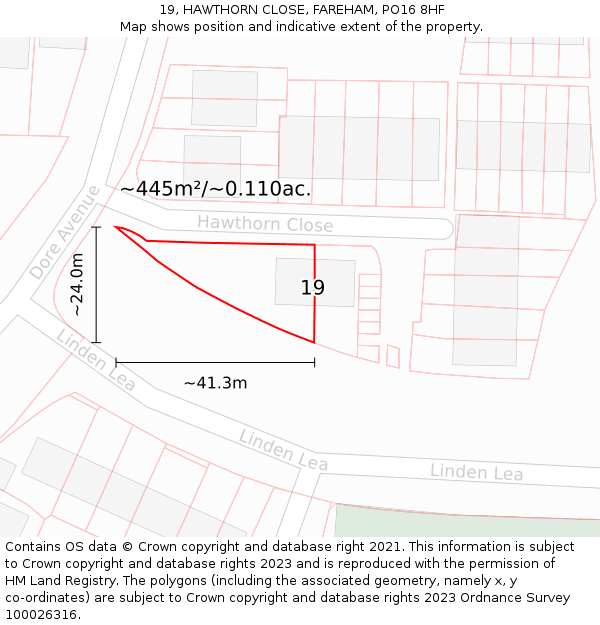 19, HAWTHORN CLOSE, FAREHAM, PO16 8HF: Plot and title map