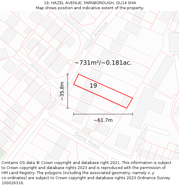 19, HAZEL AVENUE, FARNBOROUGH, GU14 0HA: Plot and title map