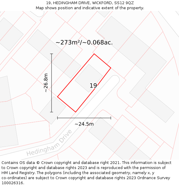 19, HEDINGHAM DRIVE, WICKFORD, SS12 9QZ: Plot and title map