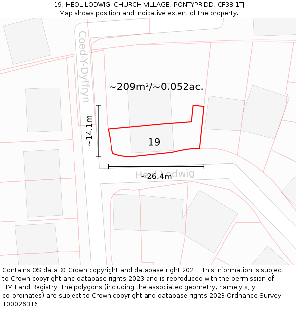 19, HEOL LODWIG, CHURCH VILLAGE, PONTYPRIDD, CF38 1TJ: Plot and title map