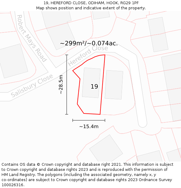 19, HEREFORD CLOSE, ODIHAM, HOOK, RG29 1PF: Plot and title map