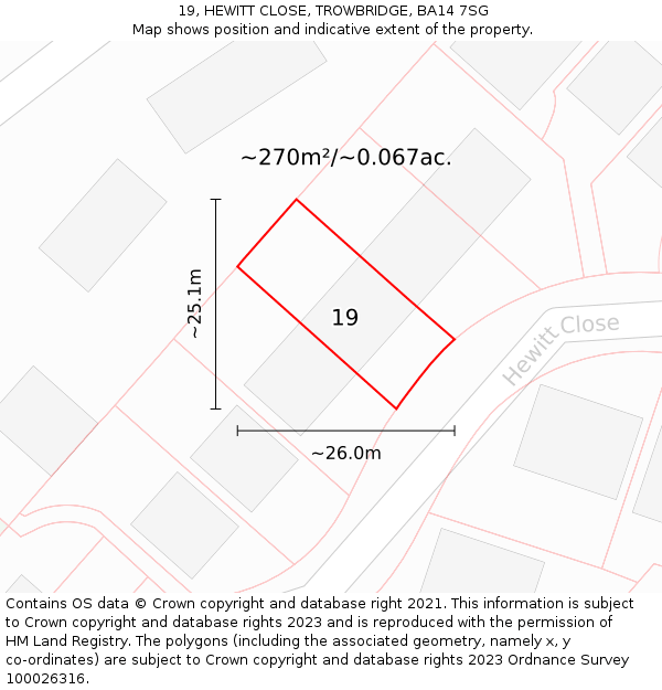 19, HEWITT CLOSE, TROWBRIDGE, BA14 7SG: Plot and title map