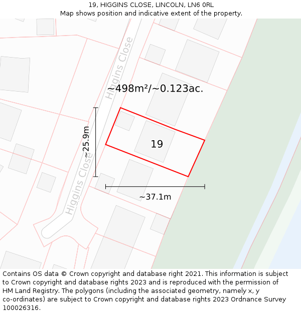 19, HIGGINS CLOSE, LINCOLN, LN6 0RL: Plot and title map