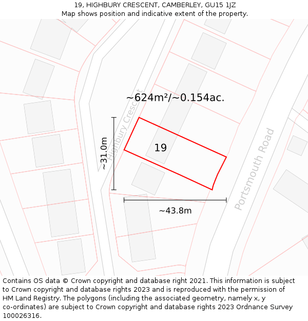 19, HIGHBURY CRESCENT, CAMBERLEY, GU15 1JZ: Plot and title map