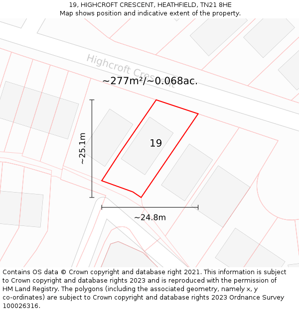 19, HIGHCROFT CRESCENT, HEATHFIELD, TN21 8HE: Plot and title map