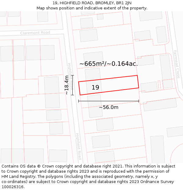 19, HIGHFIELD ROAD, BROMLEY, BR1 2JN: Plot and title map