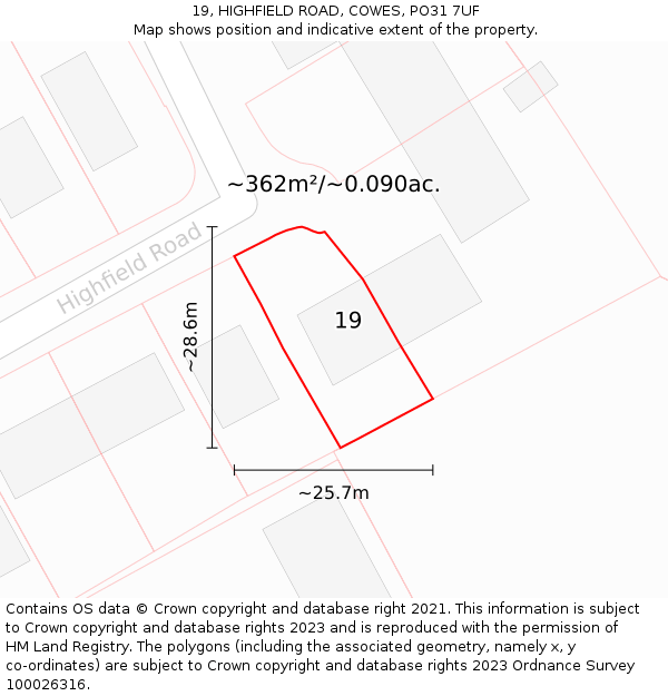 19, HIGHFIELD ROAD, COWES, PO31 7UF: Plot and title map