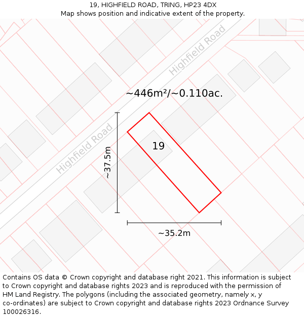 19, HIGHFIELD ROAD, TRING, HP23 4DX: Plot and title map