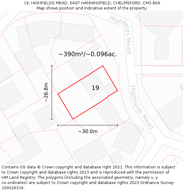 19, HIGHFIELDS MEAD, EAST HANNINGFIELD, CHELMSFORD, CM3 8XA: Plot and title map