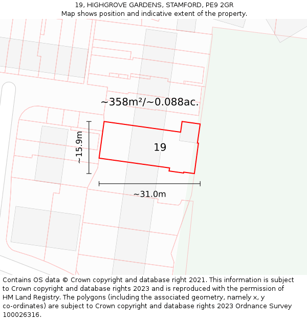 19, HIGHGROVE GARDENS, STAMFORD, PE9 2GR: Plot and title map