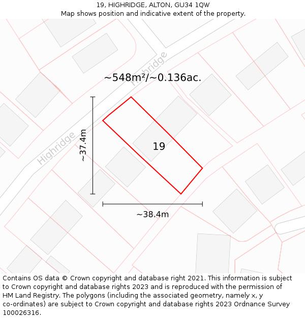 19, HIGHRIDGE, ALTON, GU34 1QW: Plot and title map