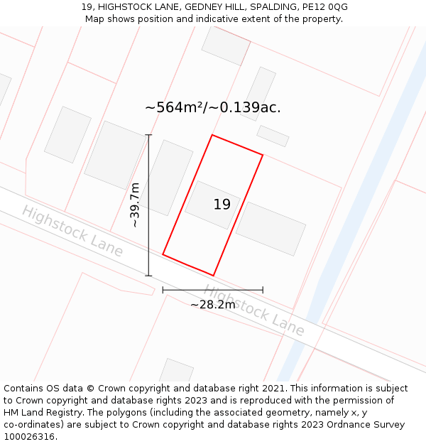 19, HIGHSTOCK LANE, GEDNEY HILL, SPALDING, PE12 0QG: Plot and title map