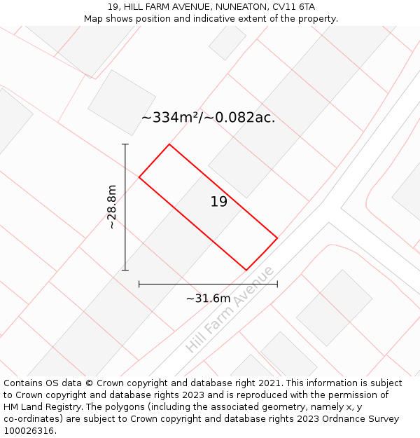 19, HILL FARM AVENUE, NUNEATON, CV11 6TA: Plot and title map