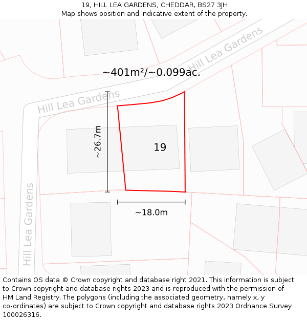 19, HILL LEA GARDENS, CHEDDAR, BS27 3JH: Plot and title map