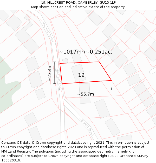 19, HILLCREST ROAD, CAMBERLEY, GU15 1LF: Plot and title map