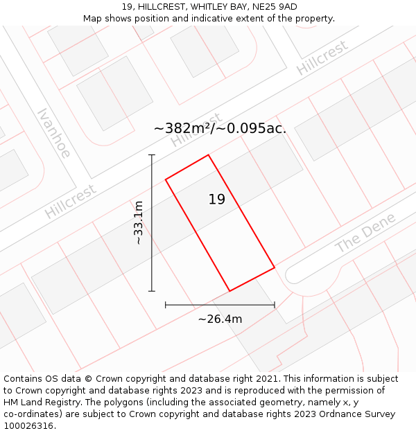 19, HILLCREST, WHITLEY BAY, NE25 9AD: Plot and title map