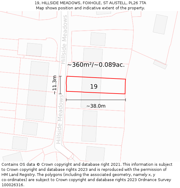 19, HILLSIDE MEADOWS, FOXHOLE, ST AUSTELL, PL26 7TA: Plot and title map