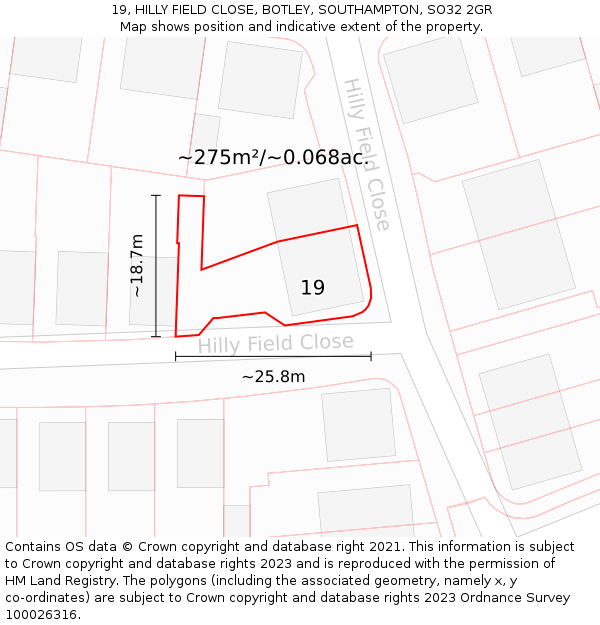 19, HILLY FIELD CLOSE, BOTLEY, SOUTHAMPTON, SO32 2GR: Plot and title map