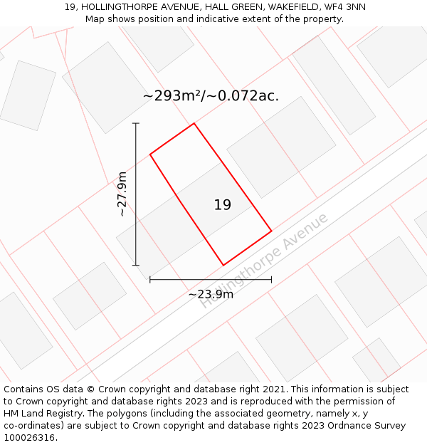 19, HOLLINGTHORPE AVENUE, HALL GREEN, WAKEFIELD, WF4 3NN: Plot and title map