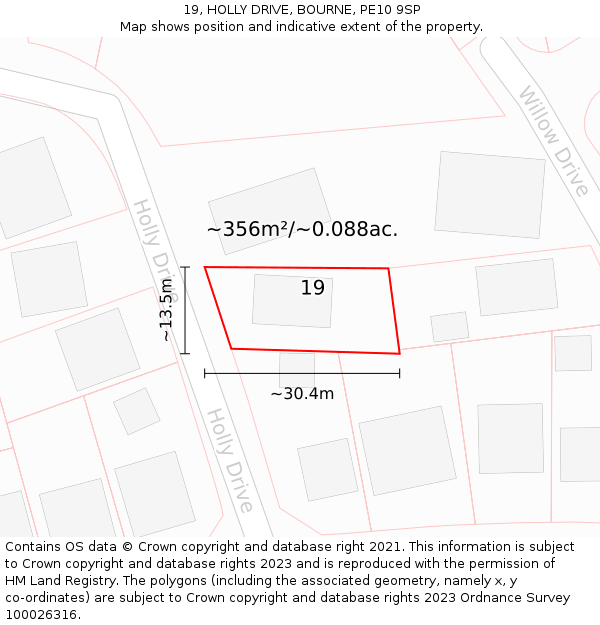 19, HOLLY DRIVE, BOURNE, PE10 9SP: Plot and title map