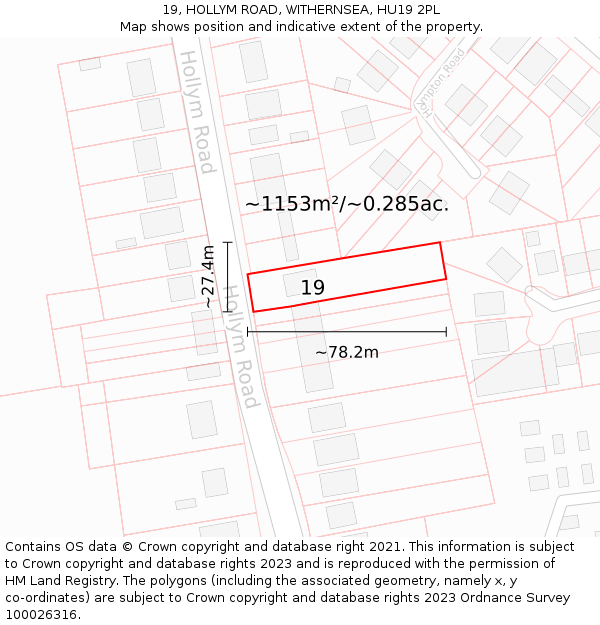 19, HOLLYM ROAD, WITHERNSEA, HU19 2PL: Plot and title map